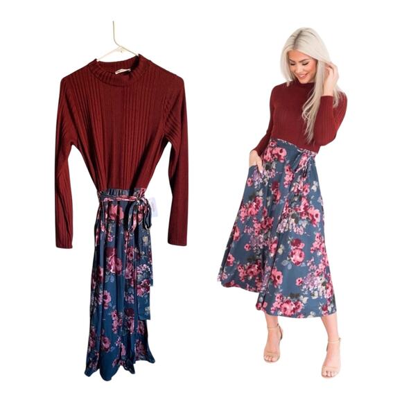 Reb. in J. Dresses & Skirts - Reb. in J Red Floral Tie Waist Sweater Midi Dress Office Teacher Casual Sz L NWT
